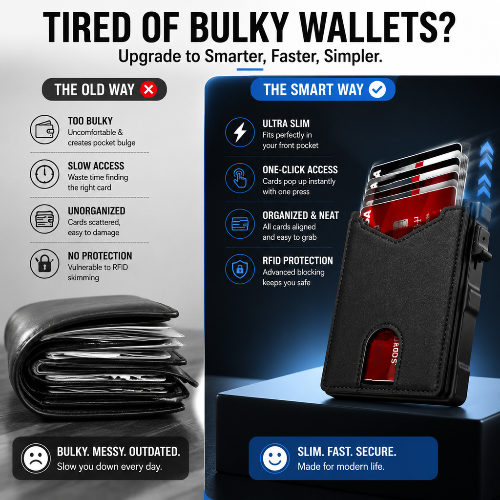 🔐 RFID Blocking Minimalist Pop-Up Wallet | One-Second Card Eject Design & Ultra Slim Pocket Wallet