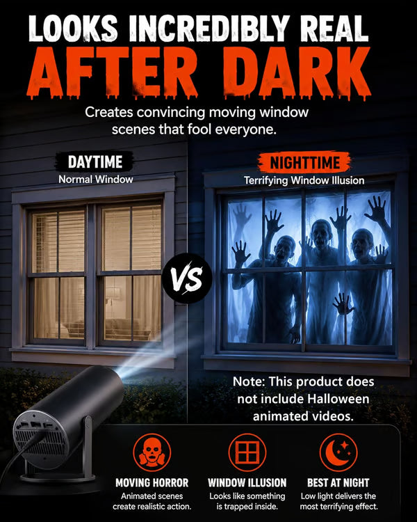 Scary Decorations Halloween Window Projector，White：With Effect fabric | Projects Animated Horror Window Scenes with Easy Setup, 210° Rotation, Built-In Speaker, And Auto Keystone Correction