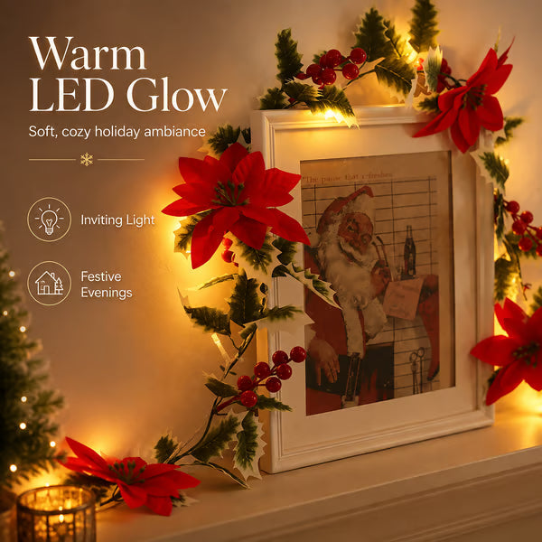 32.8 FT Lighted Christmas Poinsettia Garland with Red Flowers & Berries, Battery-Operated Holiday String Lights for Xmas & New Year Home Decor