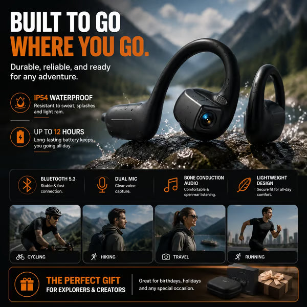 👂8MP Smart Camera Open-Ear Headset – EIS Video, AI Assistance & 12H Battery
