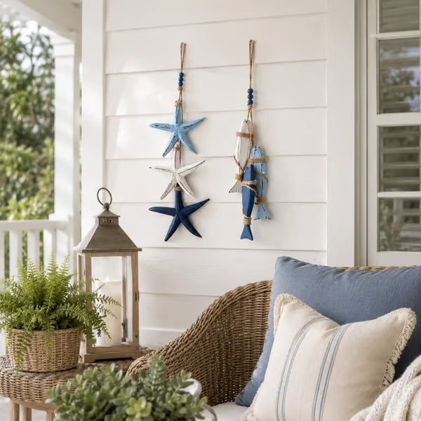 🐟🌊Lighted Coastal Wooden Starfish & Fish Hanging Decor