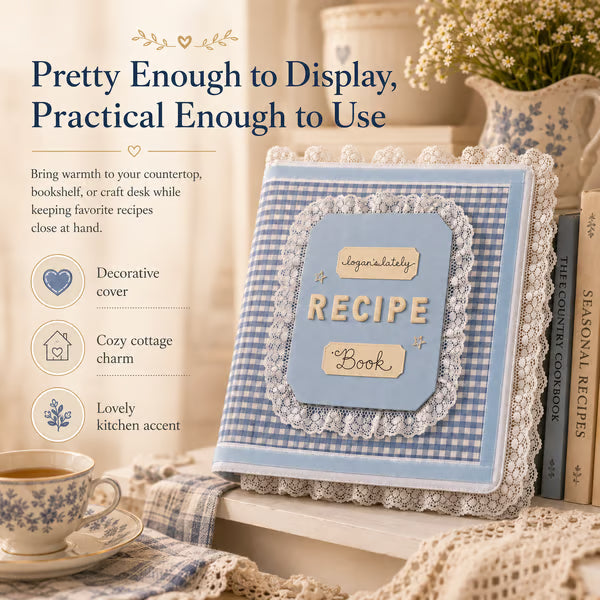 Handmade Blue Gingham Recipe Book – Lace-Trimmed Seasonal Recipe Organizer & Kitchen Keepsake