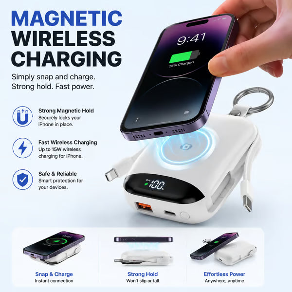 🔋10,000mAh 3-in-1 Magnetic Power Bank – Built-In Multi Charging Cables