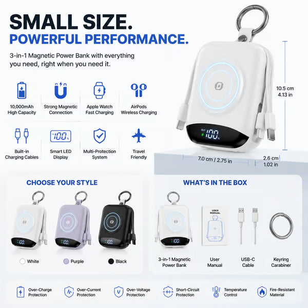 🔋10,000mAh 3-in-1 Magnetic Power Bank – Built-In Multi Charging Cables