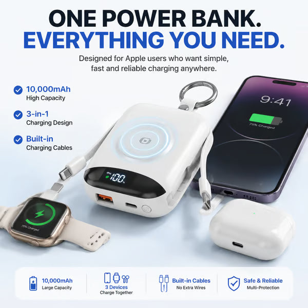🔋10,000mAh 3-in-1 Magnetic Power Bank – Built-In Multi Charging Cables