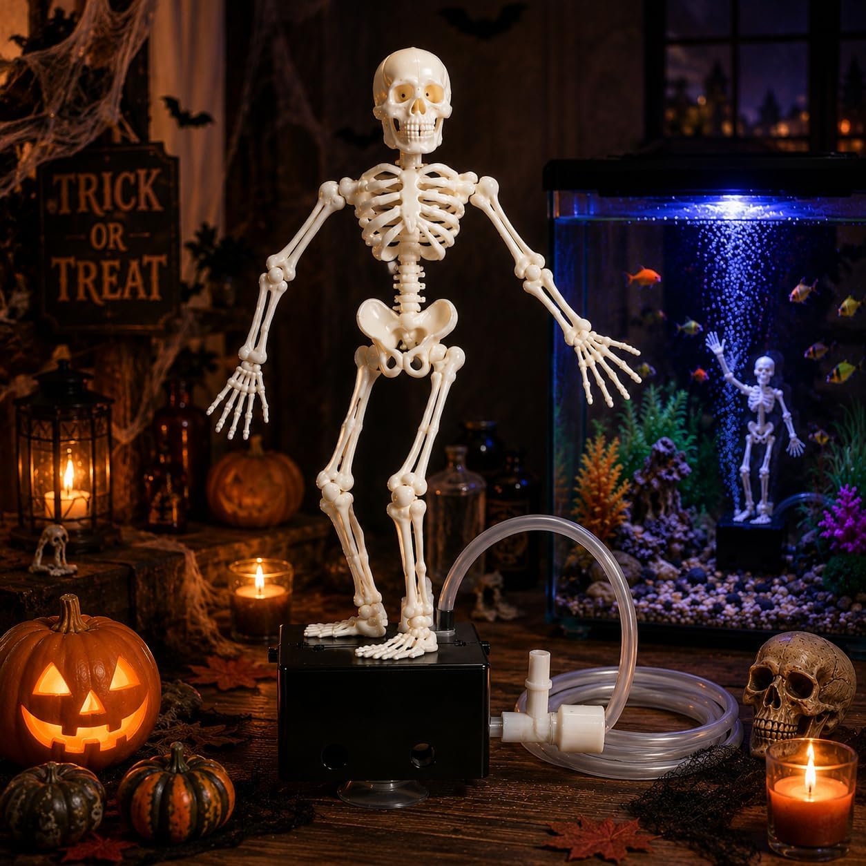 Dancing Skeleton Aquarium Bubbler, Creative Underwater 3D Printed Air Powered Moving Skull Oxygenating Decor with 1-Meter Air Hose
