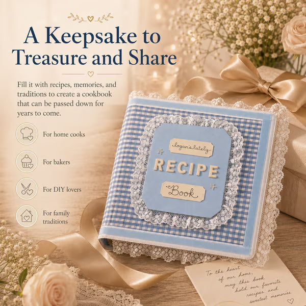 Handmade Blue Gingham Recipe Book – Lace-Trimmed Seasonal Recipe Organizer & Kitchen Keepsake