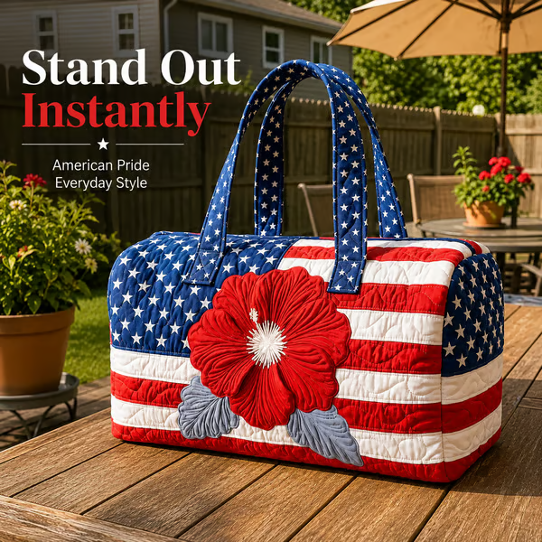 🔥Limited time 49% OFF 🇺🇸🧵 Handcrafted Patriotic Quilted Tote Bag – 3D Floral American Flag Travel Duffel