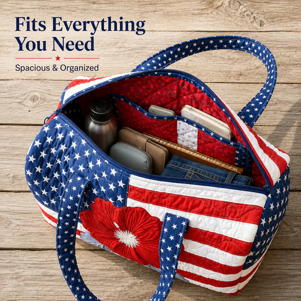 🔥Limited time 49% OFF 🇺🇸🧵 Handcrafted Patriotic Quilted Tote Bag – 3D Floral American Flag Travel Duffel