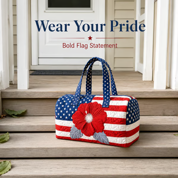 🔥Limited time 49% OFF 🇺🇸🧵 Handcrafted Patriotic Quilted Tote Bag – 3D Floral American Flag Travel Duffel