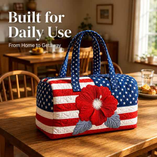 🔥Limited time 49% OFF 🇺🇸🧵 Handcrafted Patriotic Quilted Tote Bag – 3D Floral American Flag Travel Duffel