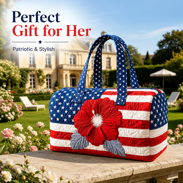 🔥Limited time 49% OFF 🇺🇸🧵 Handcrafted Patriotic Quilted Tote Bag – 3D Floral American Flag Travel Duffel