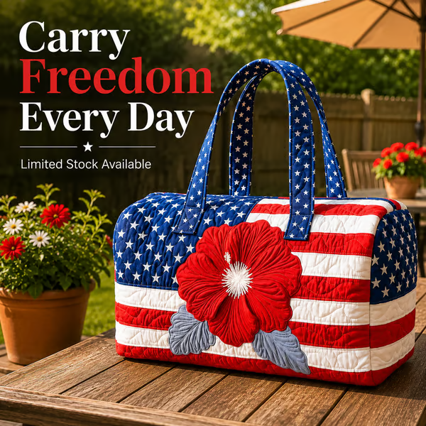 🔥Limited time 49% OFF 🇺🇸🧵 Handcrafted Patriotic Quilted Tote Bag – 3D Floral American Flag Travel Duffel
