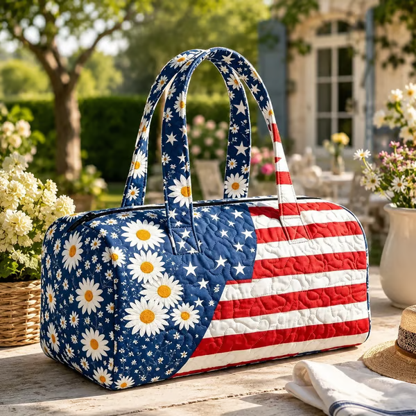 🔥Limited time 49% OFF 🇺🇸🧵 Handcrafted Patriotic Quilted Tote Bag – 3D Floral American Flag Travel Duffel
