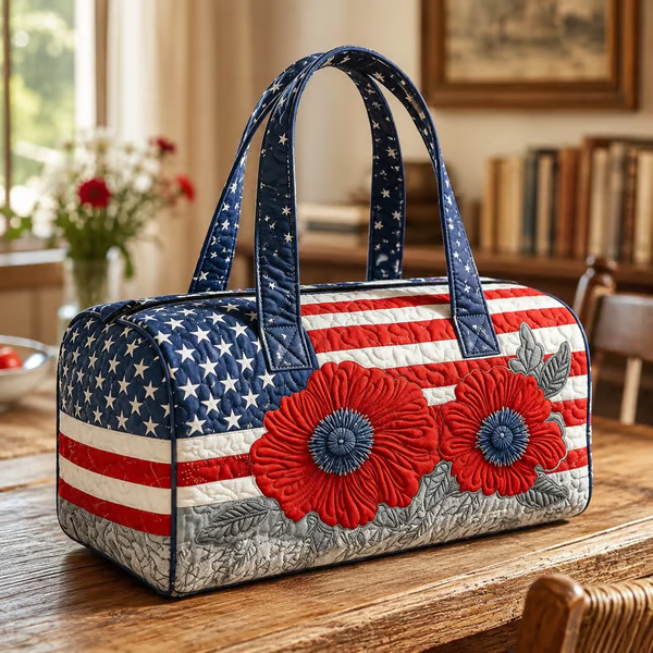 🔥Limited time 49% OFF 🇺🇸🧵 Handcrafted Patriotic Quilted Tote Bag – 3D Floral American Flag Travel Duffel