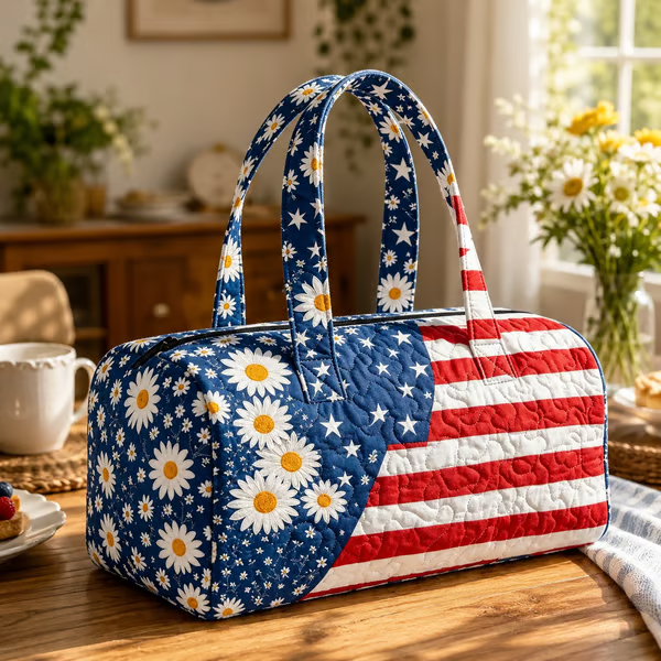 🔥Limited time 49% OFF 🇺🇸🧵 Handcrafted Patriotic Quilted Tote Bag – 3D Floral American Flag Travel Duffel