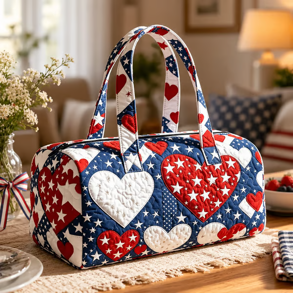 🔥Limited time 49% OFF 🇺🇸🧵 Handcrafted Patriotic Quilted Tote Bag – 3D Floral American Flag Travel Duffel