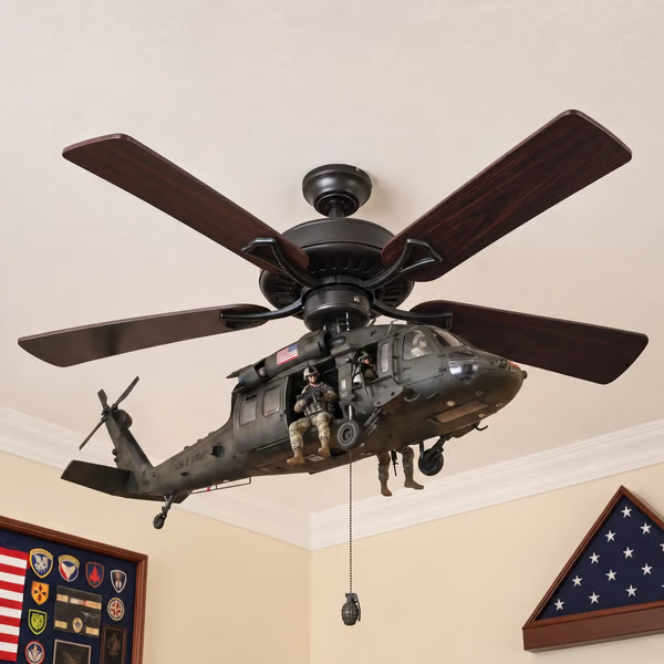 🚁 Military Helicopter Ceiling Fan Decor – Realistic Hanging Ornament for Man Cave & Home