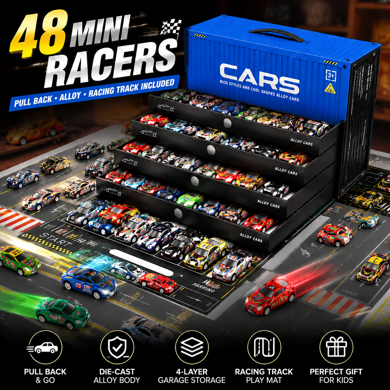 🚗 48PCS Pull-Back Alloy Racing Car Set | 4-Layer Garage Storage & Racing Track Play Mat 🎁