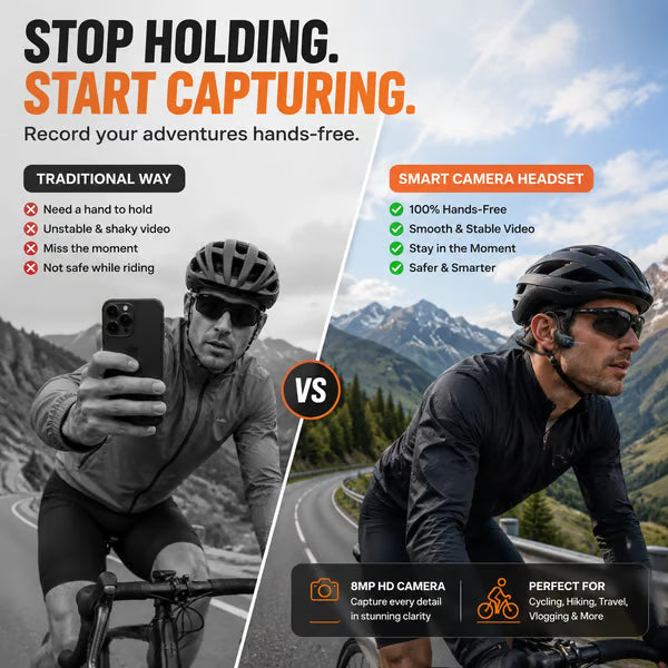 👂8MP Smart Camera Open-Ear Headset – EIS Video, AI Assistance & 12H Battery