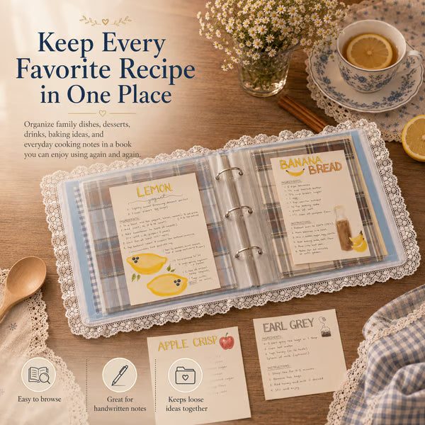Handmade Blue Gingham Recipe Book – Lace-Trimmed Seasonal Recipe Organizer & Kitchen Keepsake