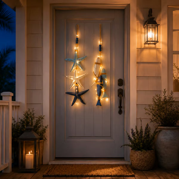 🐟🌊Lighted Coastal Wooden Starfish & Fish Hanging Decor