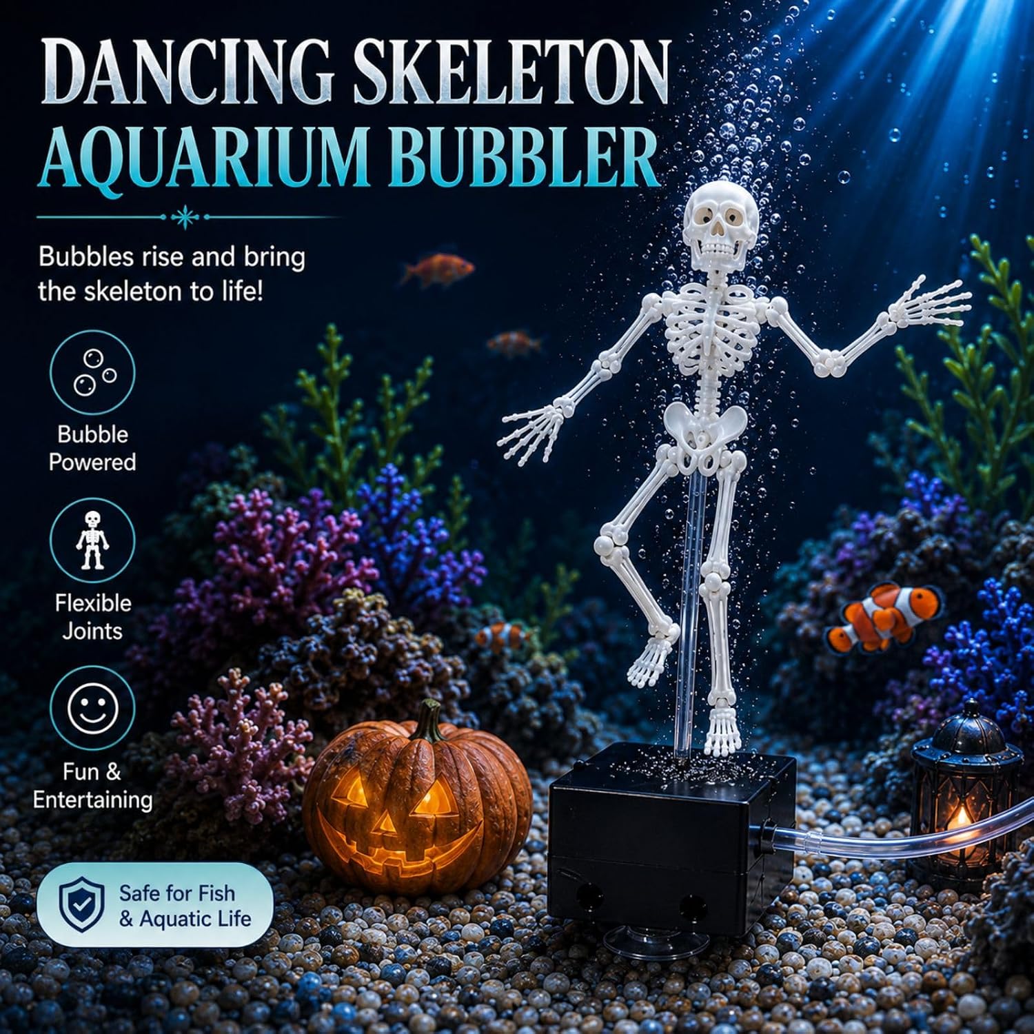 Dancing Skeleton Aquarium Bubbler, Creative Underwater 3D Printed Air Powered Moving Skull Oxygenating Decor with 1-Meter Air Hose