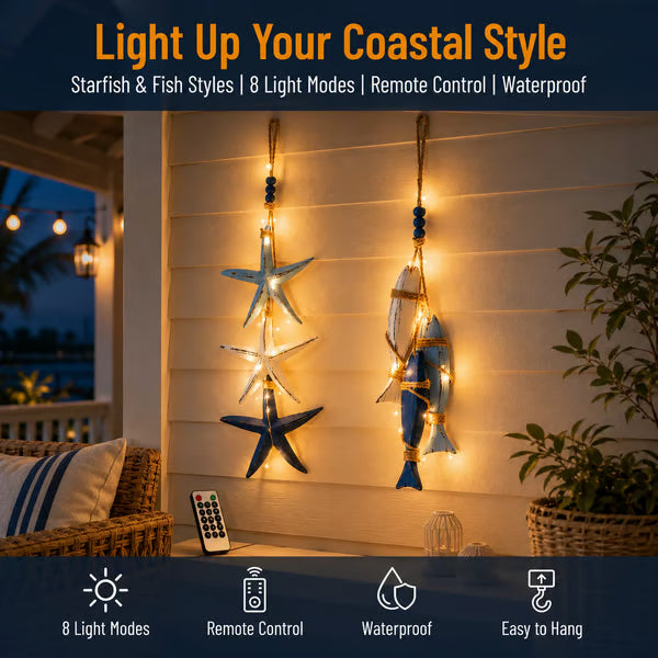 🐟🌊Lighted Coastal Wooden Starfish & Fish Hanging Decor