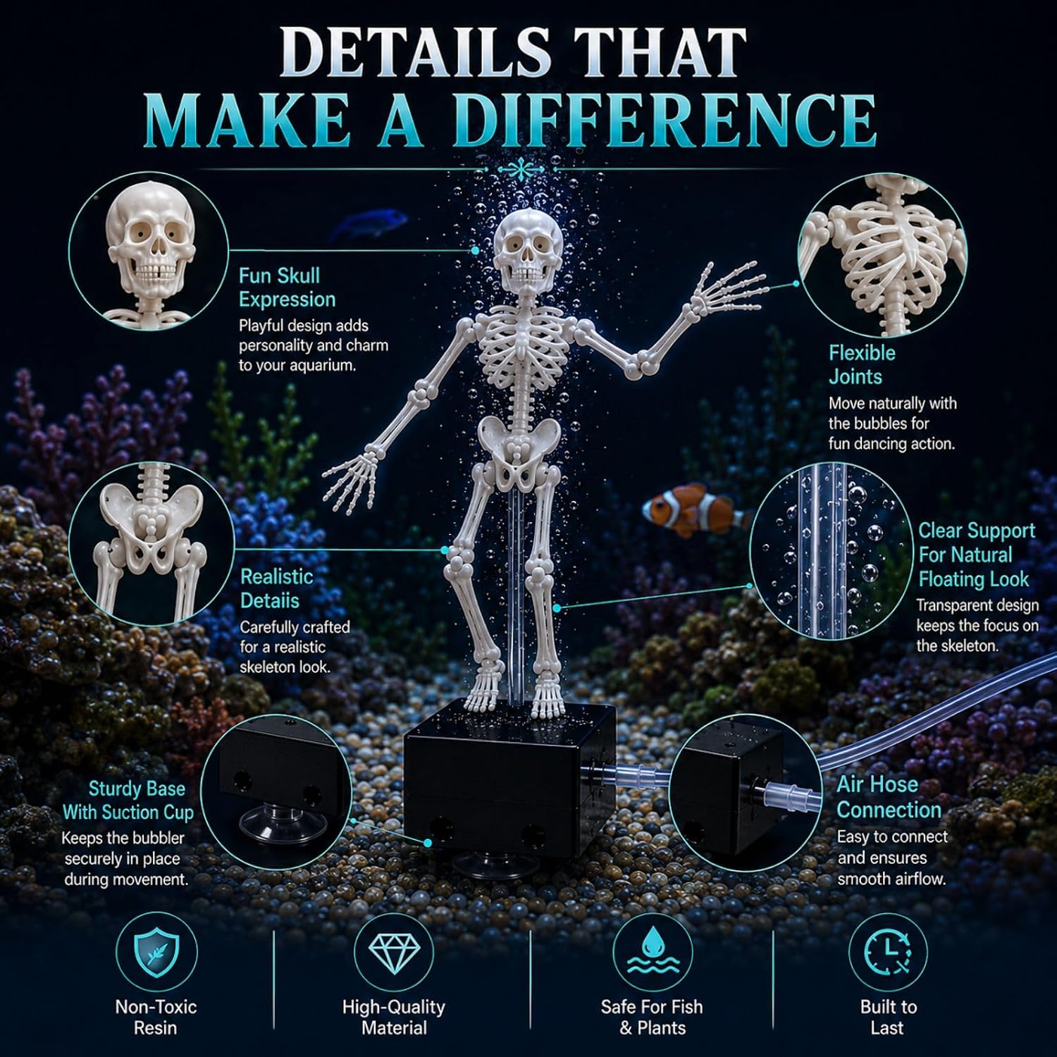 Dancing Skeleton Aquarium Bubbler, Creative Underwater 3D Printed Air Powered Moving Skull Oxygenating Decor with 1-Meter Air Hose