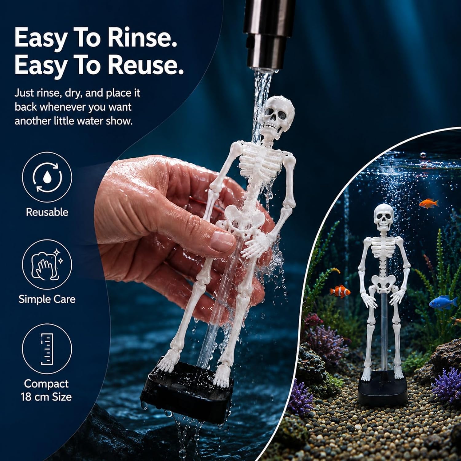Dancing Skeleton Aquarium Bubbler, Creative Underwater 3D Printed Air Powered Moving Skull Oxygenating Decor with 1-Meter Air Hose