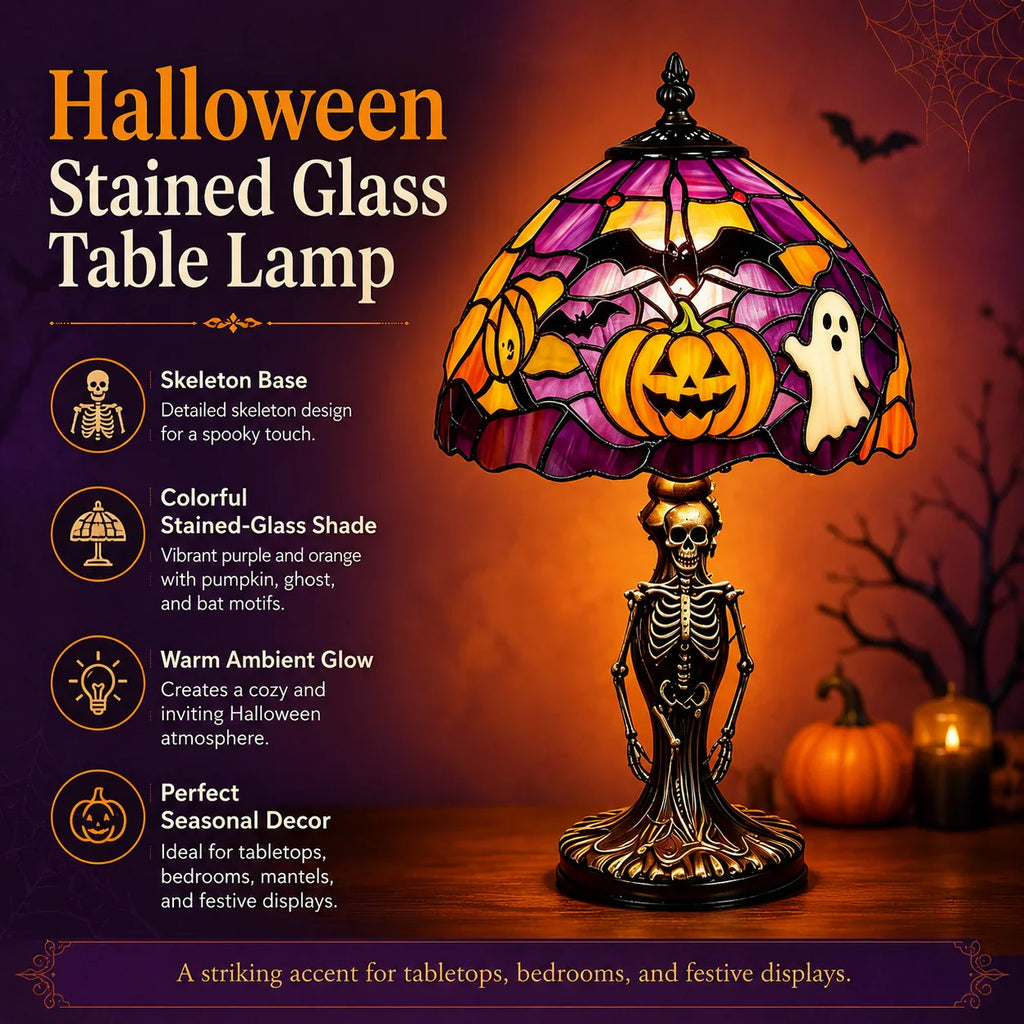 👻Spooky Glow Tiffany Lamp Pumpkin Ghost Bat Halloween Desk Light