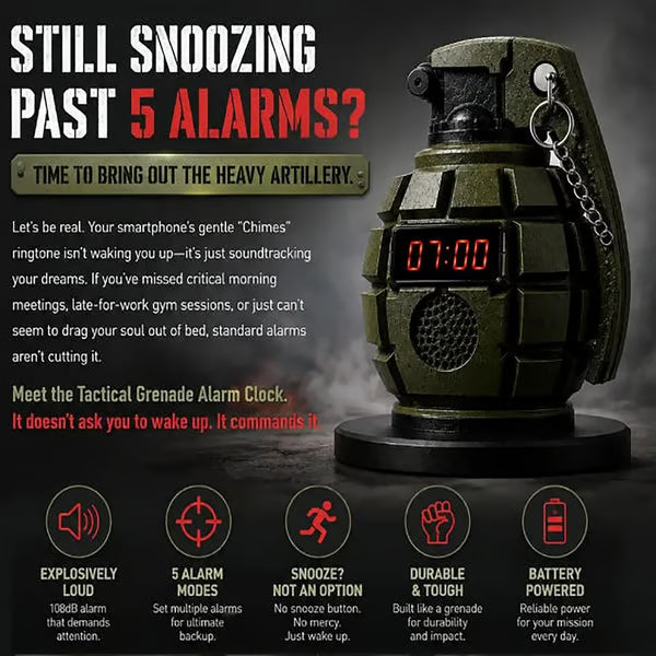 Grenade Alarm Clock with Interactive Safety Ring Deactivation; Military Tactical Style with Powerful Sound Alarm for Men and Teens