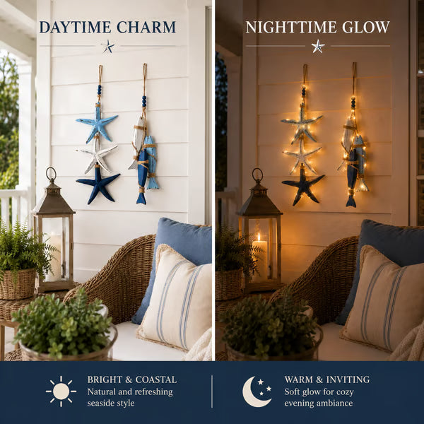 🐟🌊Lighted Coastal Wooden Starfish & Fish Hanging Decor