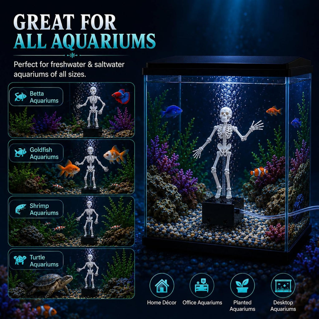 Dancing Skeleton Aquarium Bubbler, Creative Underwater 3D Printed Air Powered Moving Skull Oxygenating Decor with 1-Meter Air Hose