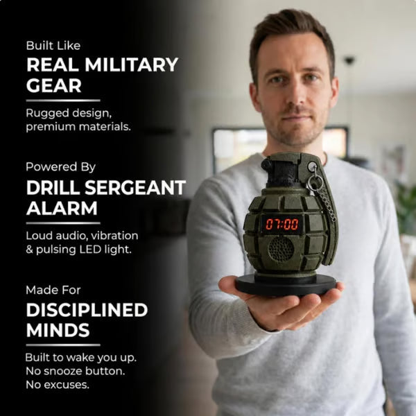 Grenade Alarm Clock with Interactive Safety Ring Deactivation; Military Tactical Style with Powerful Sound Alarm for Men and Teens