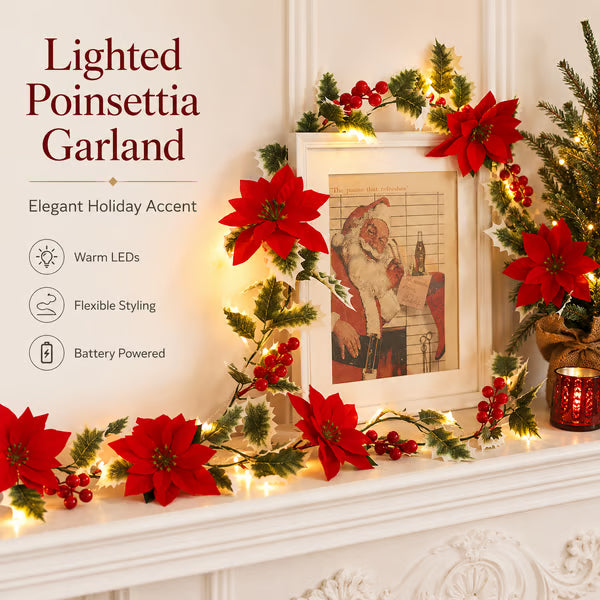 32.8 FT Lighted Christmas Poinsettia Garland with Red Flowers & Berries, Battery-Operated Holiday String Lights for Xmas & New Year Home Decor