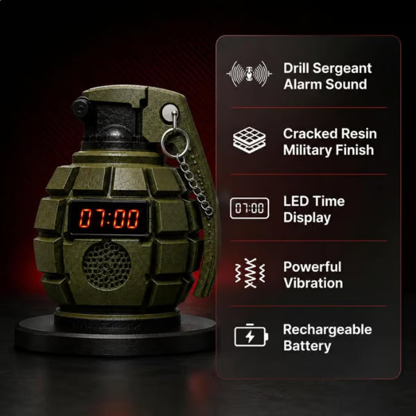 Grenade Alarm Clock with Interactive Safety Ring Deactivation; Military Tactical Style with Powerful Sound Alarm for Men and Teens