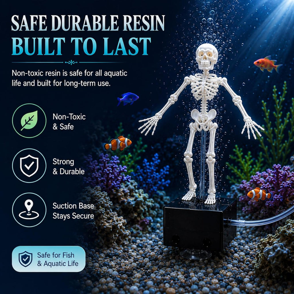 Dancing Skeleton Aquarium Bubbler, Creative Underwater 3D Printed Air Powered Moving Skull Oxygenating Decor with 1-Meter Air Hose