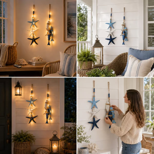 🐟🌊Lighted Coastal Wooden Starfish & Fish Hanging Decor