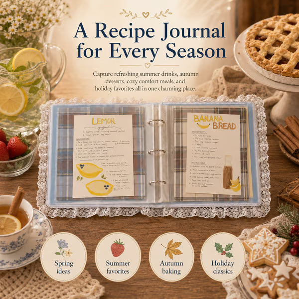 Handmade Blue Gingham Recipe Book – Lace-Trimmed Seasonal Recipe Organizer & Kitchen Keepsake