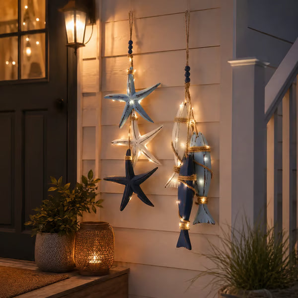🐟🌊Lighted Coastal Wooden Starfish & Fish Hanging Decor