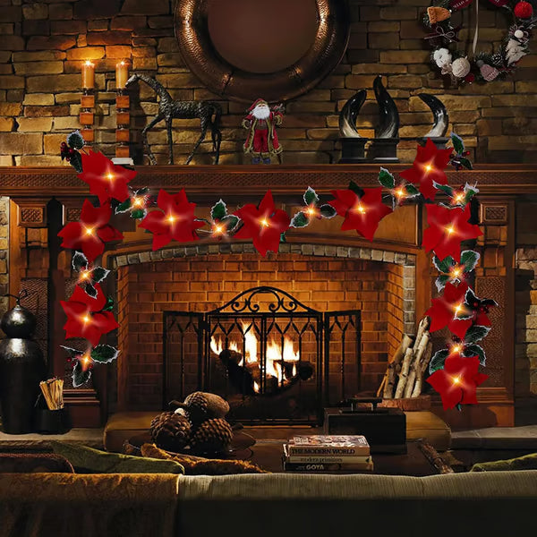 32.8 FT Lighted Christmas Poinsettia Garland with Red Flowers & Berries, Battery-Operated Holiday String Lights for Xmas & New Year Home Decor