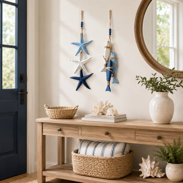 🐟🌊Lighted Coastal Wooden Starfish & Fish Hanging Decor