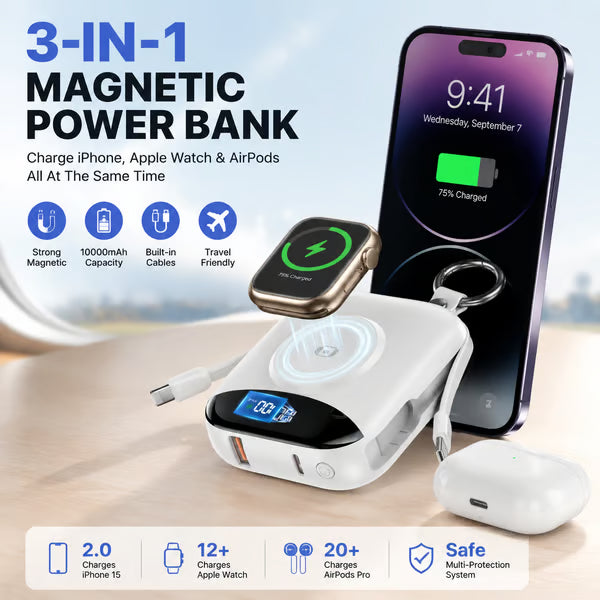 🔋10,000mAh 3-in-1 Magnetic Power Bank – Built-In Multi Charging Cables