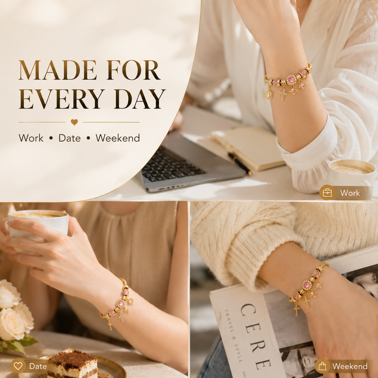 Aurora Two-Tone Detachable Charm Snake Chain Bracelet