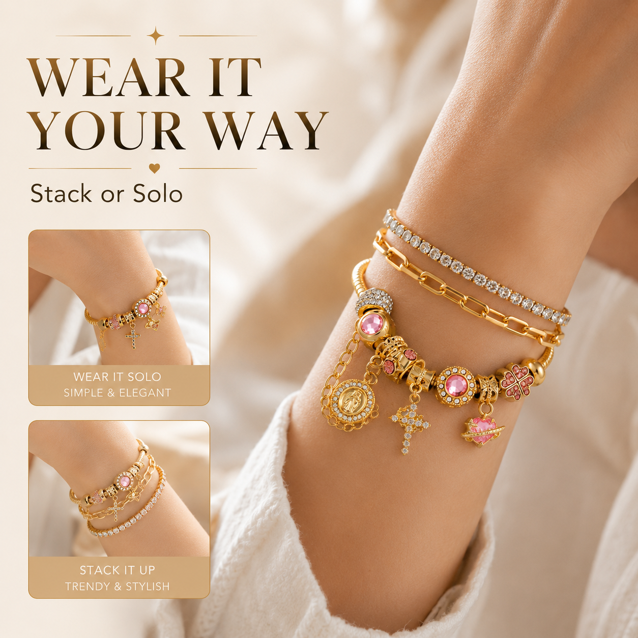 Aurora Two-Tone Detachable Charm Snake Chain Bracelet