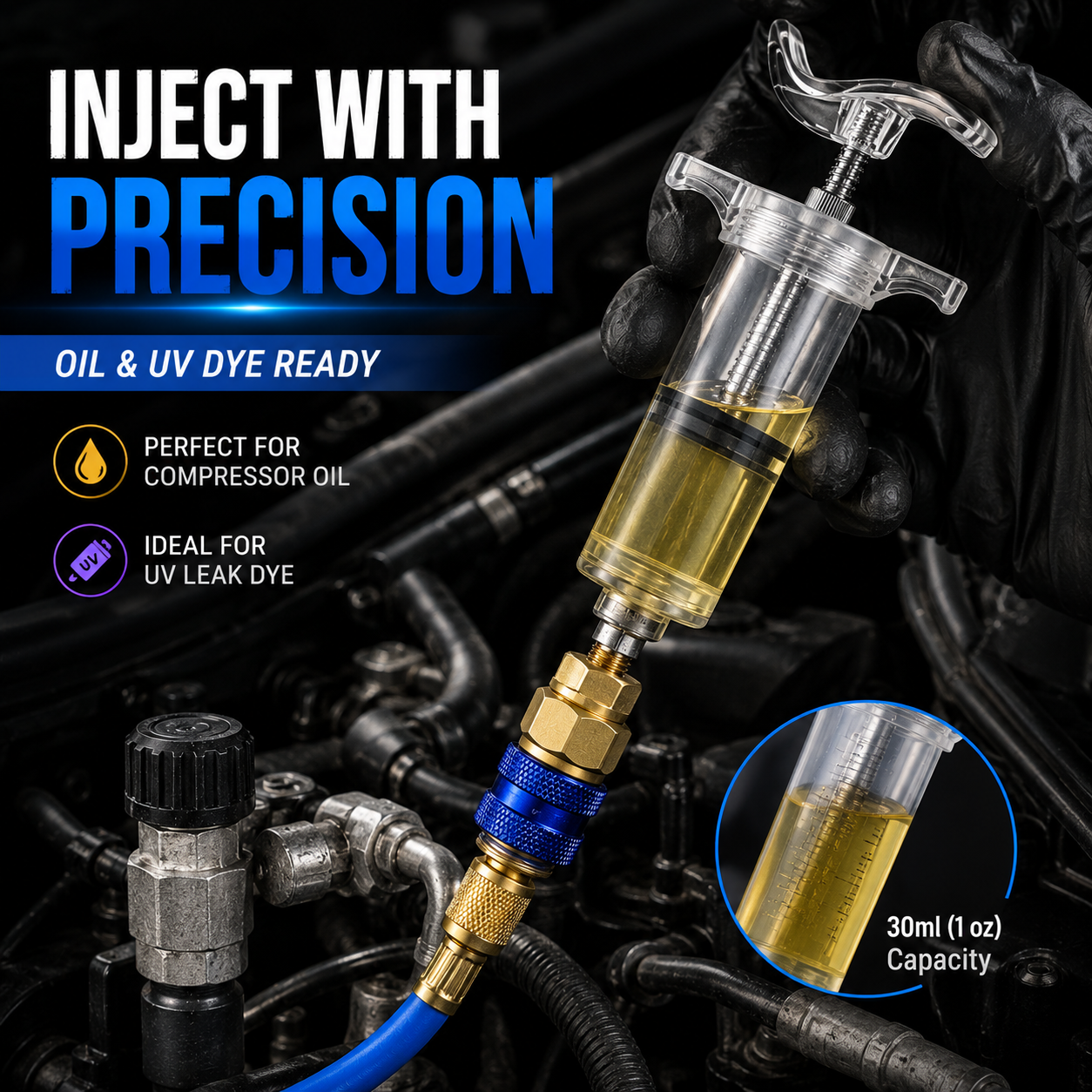 Fast • Clean • Accurate Injection-AC Oil & UV Dye Injector Kit