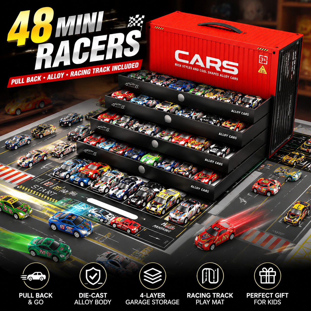 🚗 48PCS Pull-Back Alloy Racing Car Set | 4-Layer Garage Storage & Racing Track Play Mat 🎁