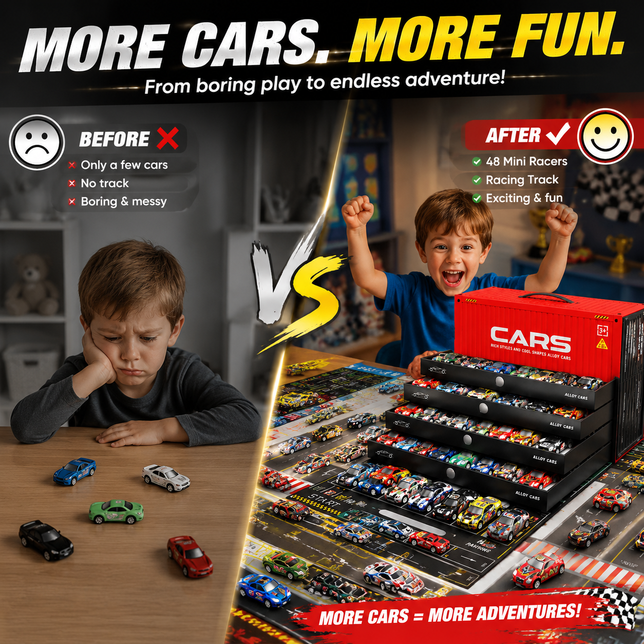 🚗 48PCS Pull-Back Alloy Racing Car Set | 4-Layer Garage Storage & Racing Track Play Mat 🎁