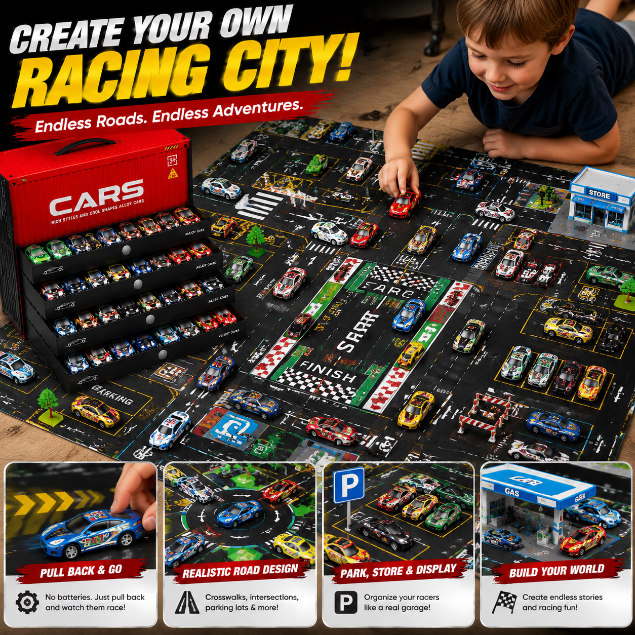 🚗 48PCS Pull-Back Alloy Racing Car Set | 4-Layer Garage Storage & Racing Track Play Mat 🎁
